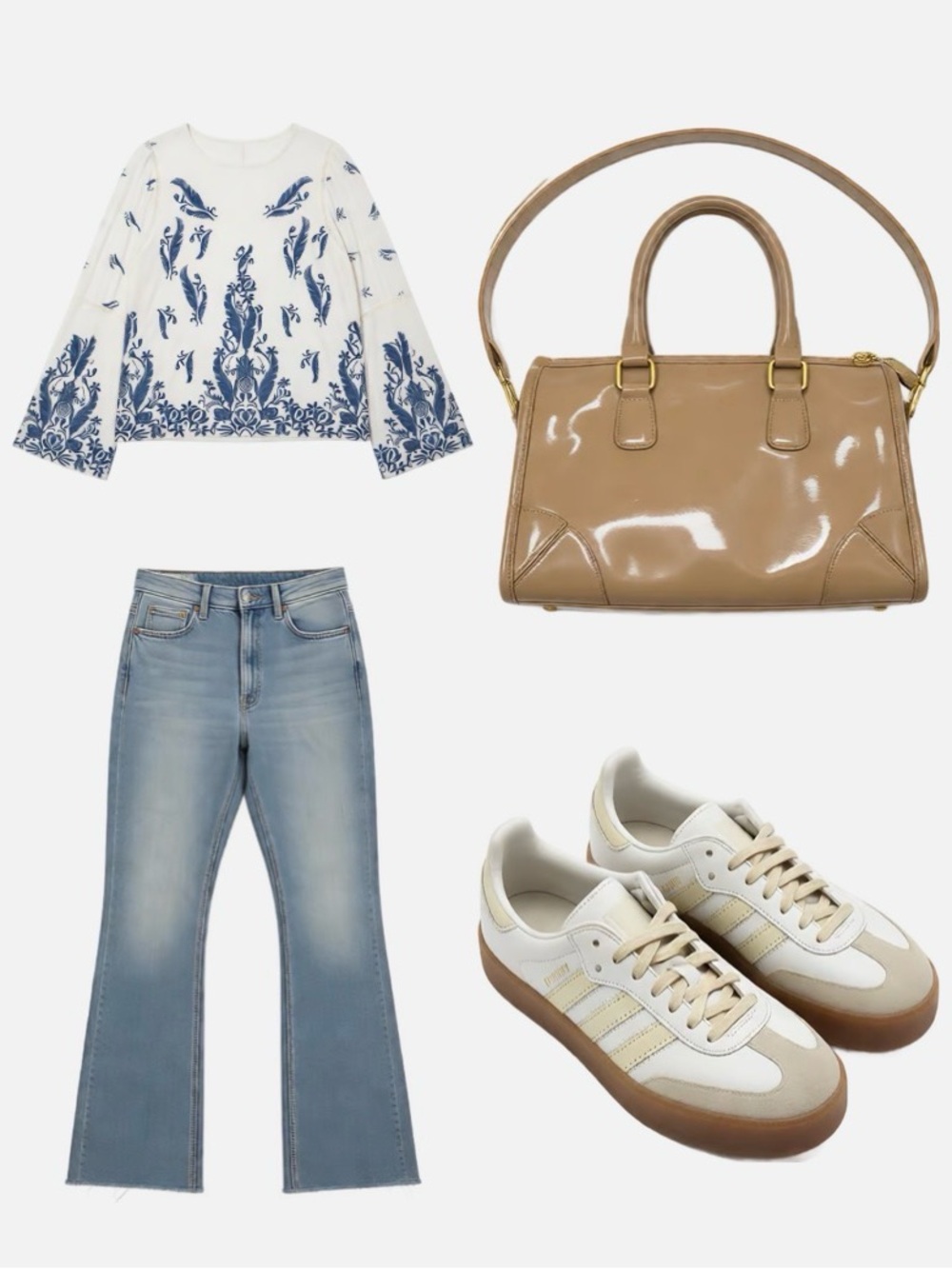 Philosophy White Blouse with Blue Embroidered Bell Sleeves